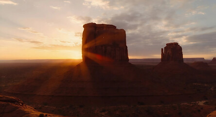 Sunset casts warm hues over the Monument Buttes in Monument Valley, Utah, creating a stunning desert landscape, Generative AI.