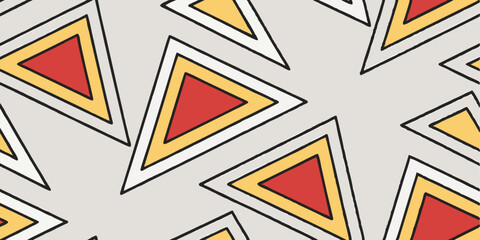 A dynamic composition of triangles in red, yellow, and blue arranged diagonally across a gray background, with thin black borders