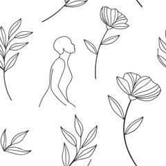 A bald black woman with thin lines, looking up, surrounded by flowers and leaves, on a white background