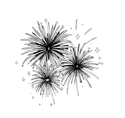 Fireworks Celebration: A dynamic line art illustration showcases three exploding fireworks, radiating energy and celebratory spirit against a white background.