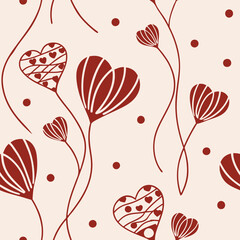 Seamless pattern of red hearts with floral elements and dots on a light beige background, romantic and decorative design