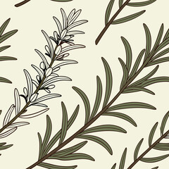 Seamless pattern of rosemary sprigs, needle-like leaves, deep green and woody brown tones, aromatic natural texture