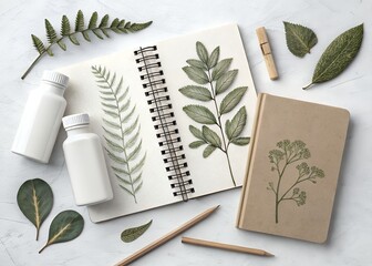 Flatlay of botanical elements with blank notebooks and bottles
