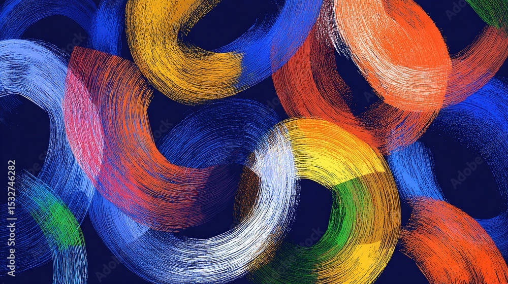 Poster colorful overlapping circular strokes in abstract art composition