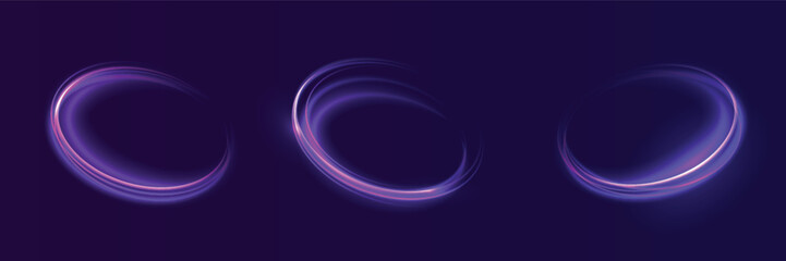 Circular light lines, neon purple and blue light trail effect, portal light set. Abstract luminouas spiral ring, magic swirl lines, vector illustration.