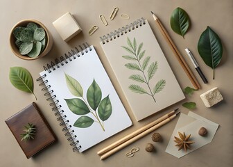 Flatlay of notebooks with botanical illustrations and stationery