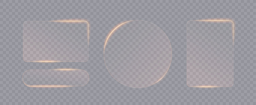 Gold light frame banner set on transparent background. Liquid glass plate for mobile phone ux, web interface, tech and hud. Rectangle and circle light frame with shine and reflect, vector illustration