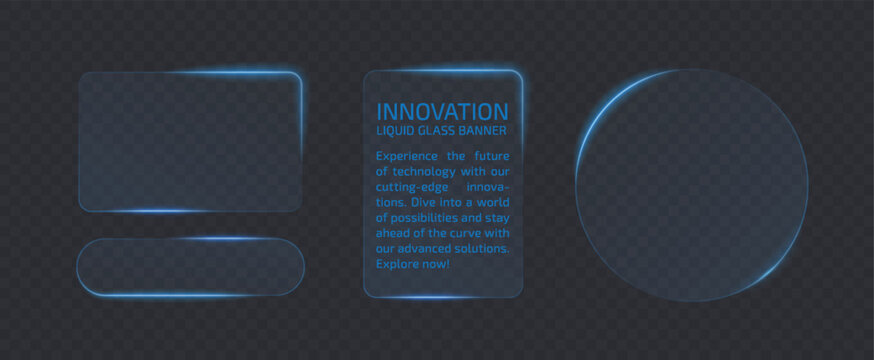 Neon light banner different shape isolated on transparent png bg.  Liquid blue plate for mobile phone ux, web interface, tech and hud. Rectangle and circle light frame with glow and reflection.