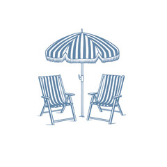 Vintage style beach chair and umbrella vector illustration. Summer retro beach set