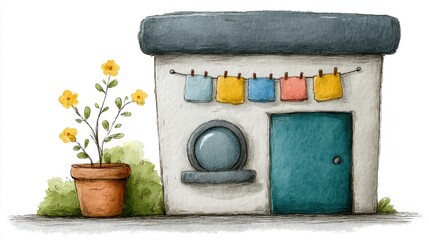 Clothes drying on a clothesline in front of house, picture of domestic tranquility