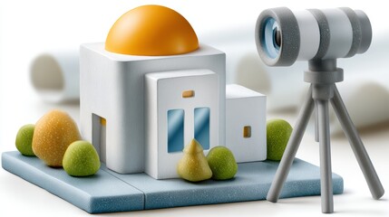 Camera, pear, and miniature house, a still life photography composition exploring themes of home visual storytelling