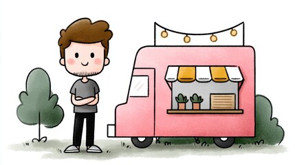 Vibrant street food scene, man explores culinary delights at a charming pink food truck