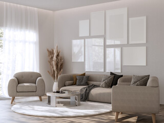 Living Room with Gallery Wall Frame Mockup
