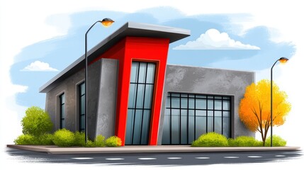 Striking red building with a red door and street light, urban architectural photography