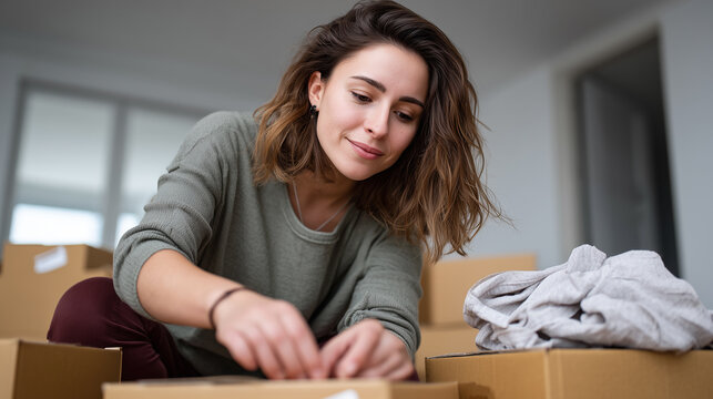 Young woman organizing cardboard boxes indoor, preparing items for moving or storage, focused expression and casual outfit in modern living space