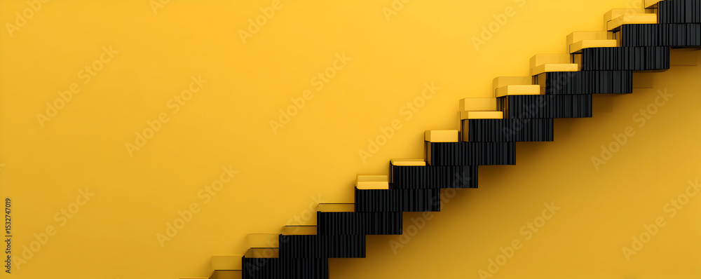 Poster abstract geometric stairway with yellow background and black steps creating striking visual contrast