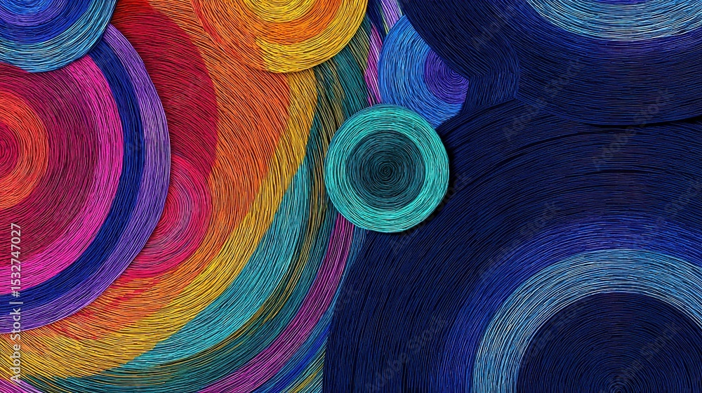 Poster vibrant multicolored circular patterns with swirling lines and textures
