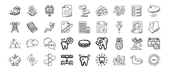Fifty Black and White Doodle Icons Business Finance and Summer Themes