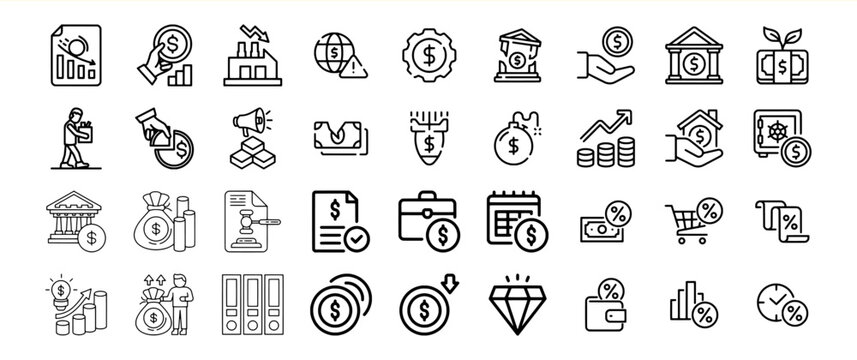Finance Icons Set Black and White Line Art Dollar Signs Graphs Charts