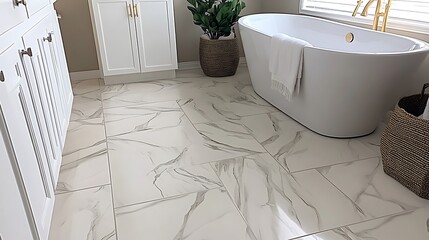 Elegant bathroom showcasing white marble tile flooring and luxurious design elements