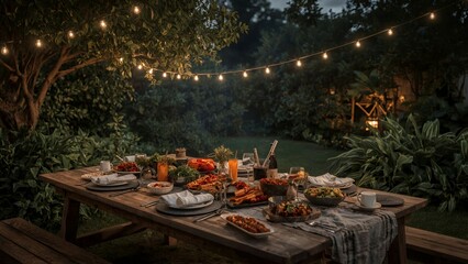 Backyard cooking scene prepared for barbecue, no people.