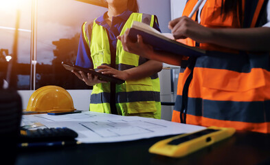 Closeup of team of industrial engineers meeting analyze machinery blueprints consult project on...