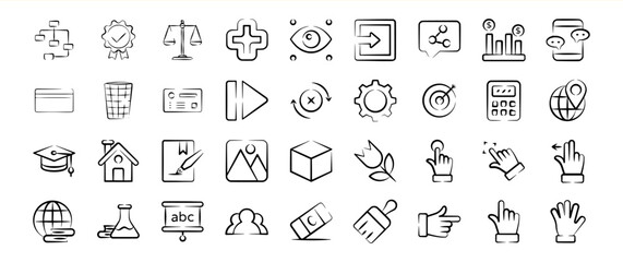Hand Drawn Black and White Icon Set Business Education Technology