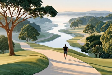 Lone jogger on a serene forest path with a river view