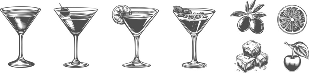 Set illustrations of vermouth isolated on transparent background. Vector graphics
