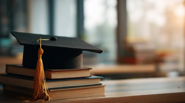 The Pursuit of Knowledge: A scholarly scene unfolds, with a graduation cap resting atop a stack of well-worn books. The image portrays the journey of higher education, knowledge and achievement.