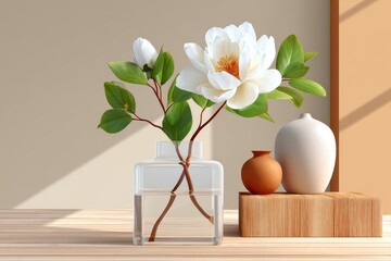 Minimalist arrangement with a white flower in a glass vase on wood