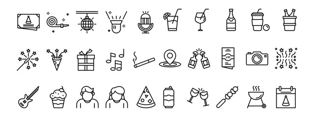 Energetic party icons set. Containing entertainment, stage, spotlight, cinema, ticket, theater, magician, concert, event, circus and more.