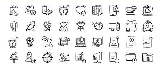 Hand Drawn Black and White Icon Set Business Technology Recycling