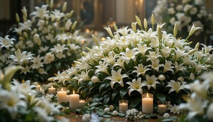 White lilies funeral arrangement candles