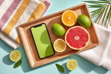 Tropical fruit and smartphone arrangement on a wooden tray with green backdrop