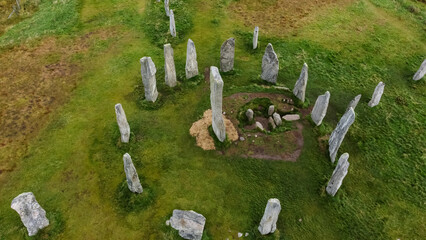 Drone photo capturing an aerial perspective of the ancient Callanish Standing Stones on the Isle of...