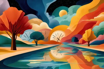 Surreal landscape with flowing time and colorful abstract artistic depiction