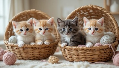 Four kittens in wicker baskets