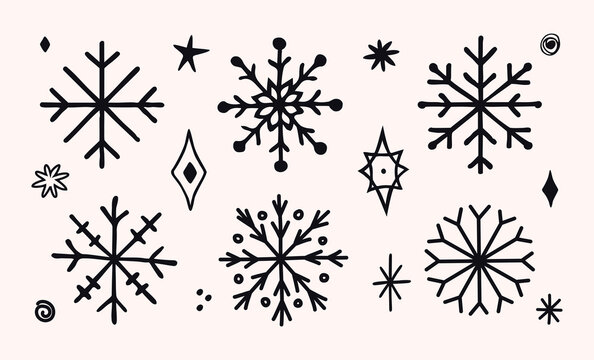 Set of hand-drawn black snowflakes and decorative winter elements. Minimalist doodle style. Perfect for Christmas cards, gift wrap, packaging, backgrounds, invitations, prints, clipart, and holiday de