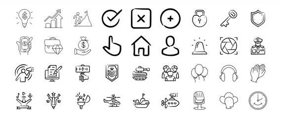 Hand Drawn Black Line Icons Set Business Finance Success Security Military
