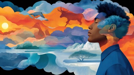 Surreal illustration of imagination with animals and nature in vibrant colors