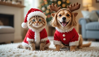 Cat and dog in Christmas costumes