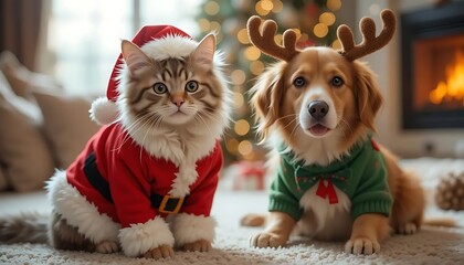 Cat and dog in Christmas costumes