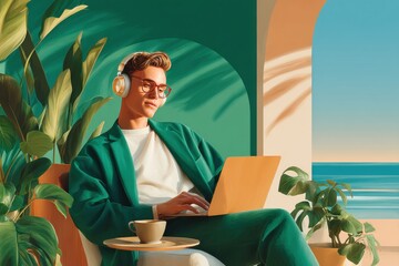 Relaxed young man working on laptop near tropical scenery