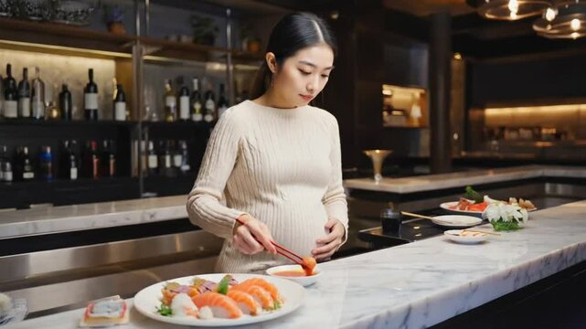Pregnant woman eating sushi.