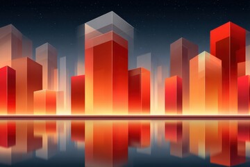 Abstract glowing cityscape with vivid red and orange hues reflected on water