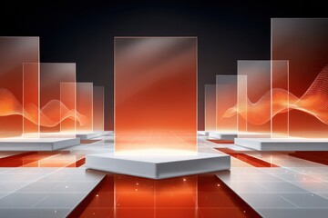 Futuristic digital landscape with glowing panels and dynamic waveforms