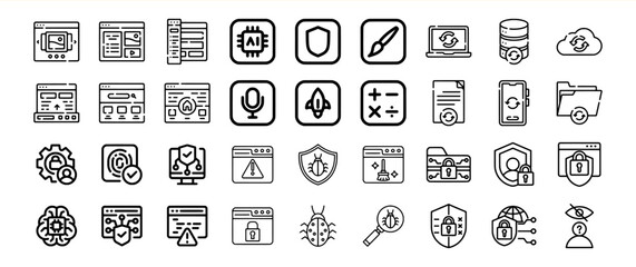 Website Development Security Icons Set Black Line Art
