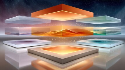 Abstract depiction of layered panels representing technology and natural elements