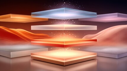 Abstract depiction of stacked glowing layers with desert-inspired background